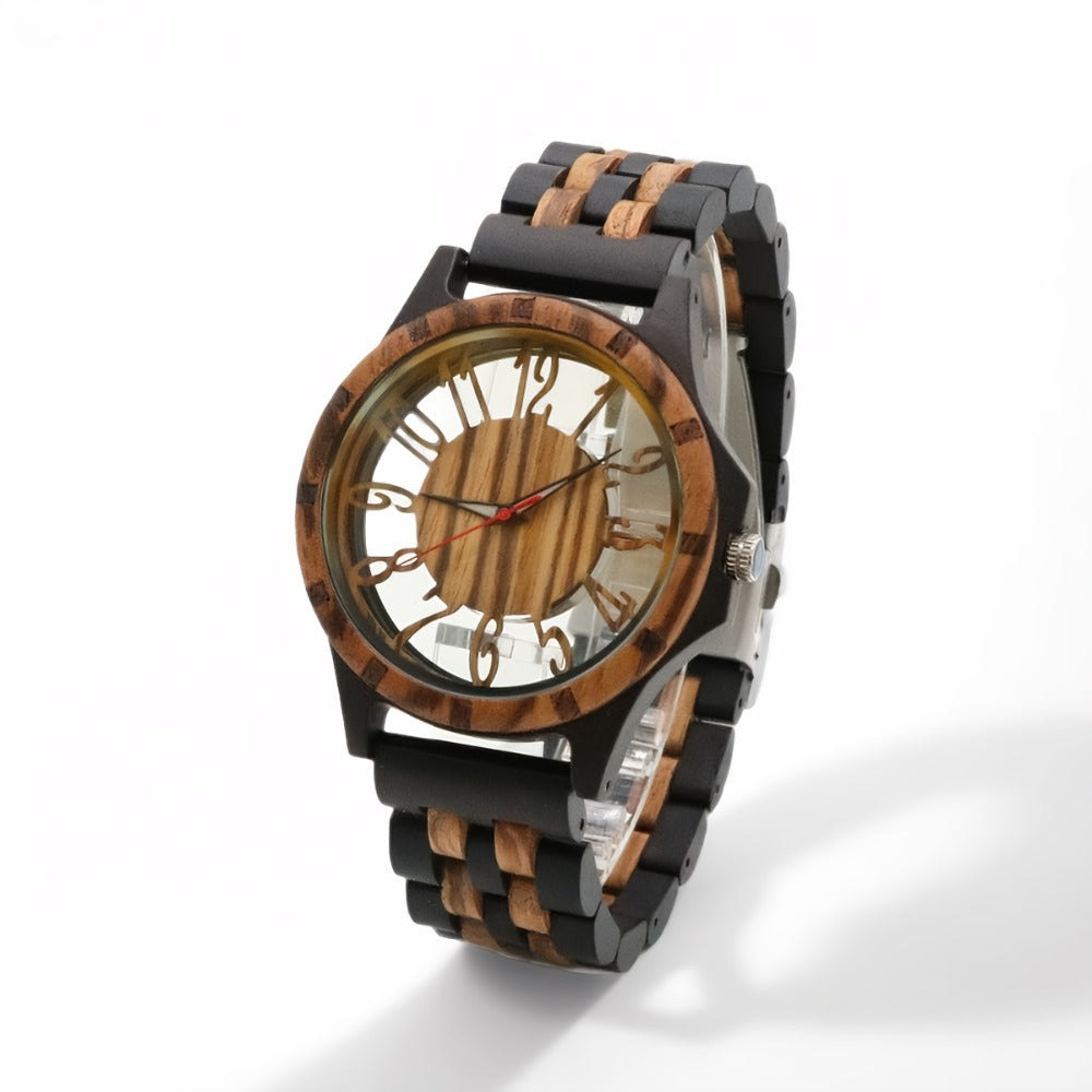 Men's Quartz Watch - 's Wooden with Zebrawood Band & Large Skeleton Dial - Vintage - product detail view 2