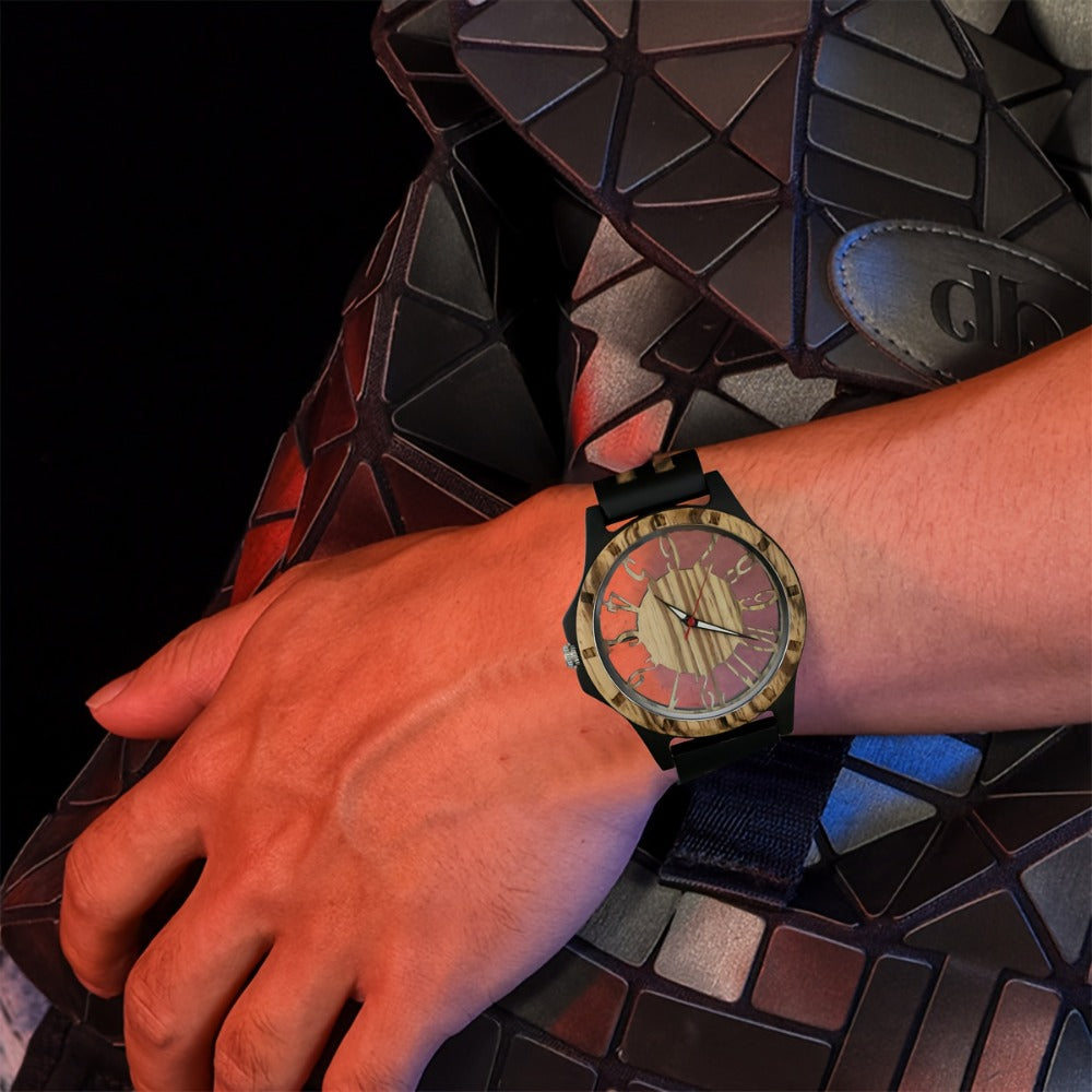 Men's Quartz Watch - 's Wooden with Zebrawood Band & Large Skeleton Dial - Vintage - product detail view 4