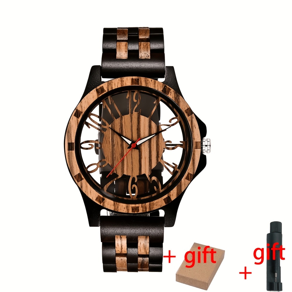 Men's Quartz Watch - 's Wooden with Zebrawood Band & Large Skeleton Dial - Vintage - product detail view 11