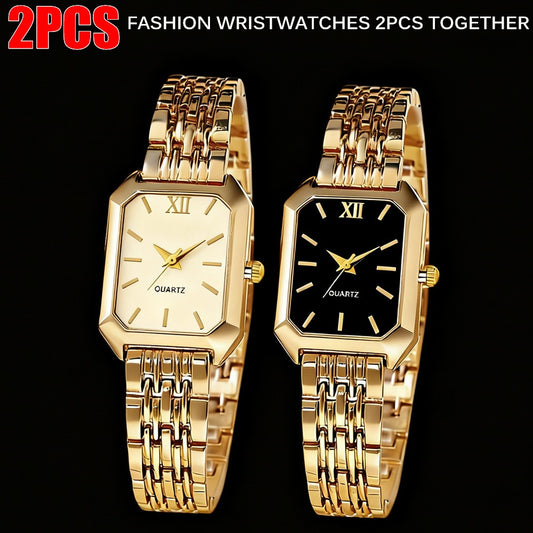 Women's Quartz Watch - Set 2pcs Elegant Golden Tone Stainless Steel Analog Wristwatch Rectangular - main product view