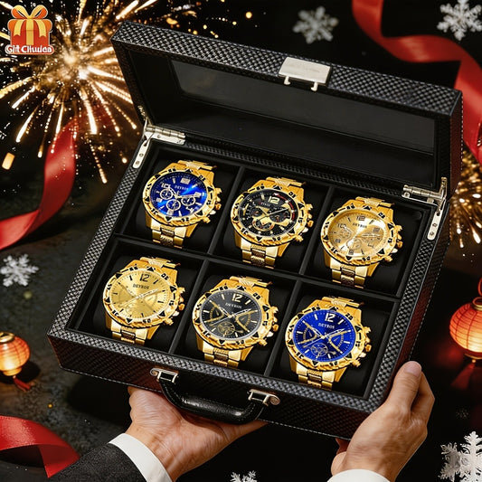 Men's Quartz Watch - Set for 6pcs Stainless Steel Analog Wristwatch Date Display Round Dial - main product view