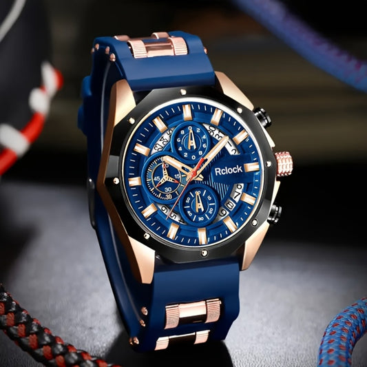 Men's Quartz Watch - Sport Chronograph for Vintage Large Round Dial Silicone Strap Calendar - main product view