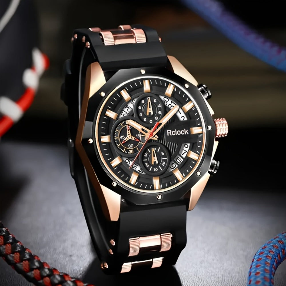 Men's Quartz Watch - Sport Chronograph for Vintage Large Round Dial Silicone Strap Calendar - product detail view 9