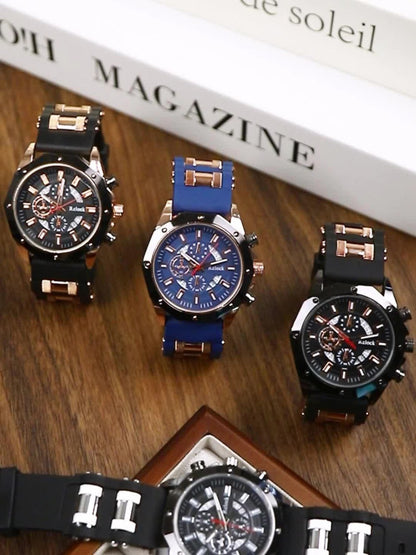 Men's Quartz Watch - Sport Chronograph for Vintage Large Round Dial Silicone Strap Calendar - product detail view 15