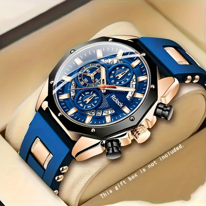Men's Quartz Watch - Sport Chronograph for Vintage Large Round Dial Silicone Strap Calendar - product detail view 17