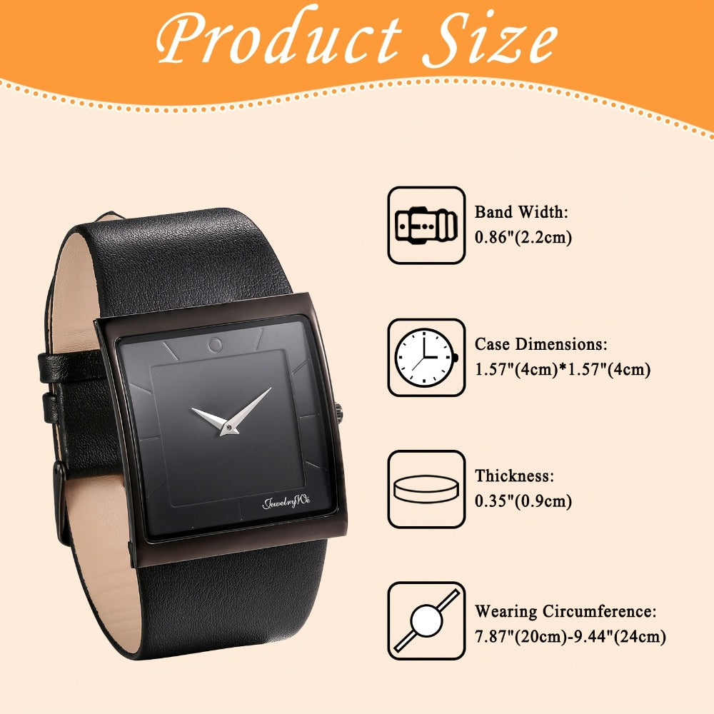 Men's Quartz Watch - Square Dial for - Genuine Leather Strap Wristwatch, Stainless Steel Case - product detail view 2
