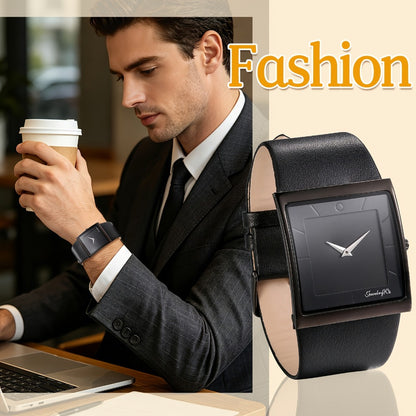 Men's Quartz Watch - Square Dial for - Genuine Leather Strap Wristwatch, Stainless Steel Case - product detail view 3