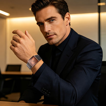 Men's Quartz Watch - Square Dial for - Genuine Leather Strap Wristwatch, Stainless Steel Case - product detail view 4