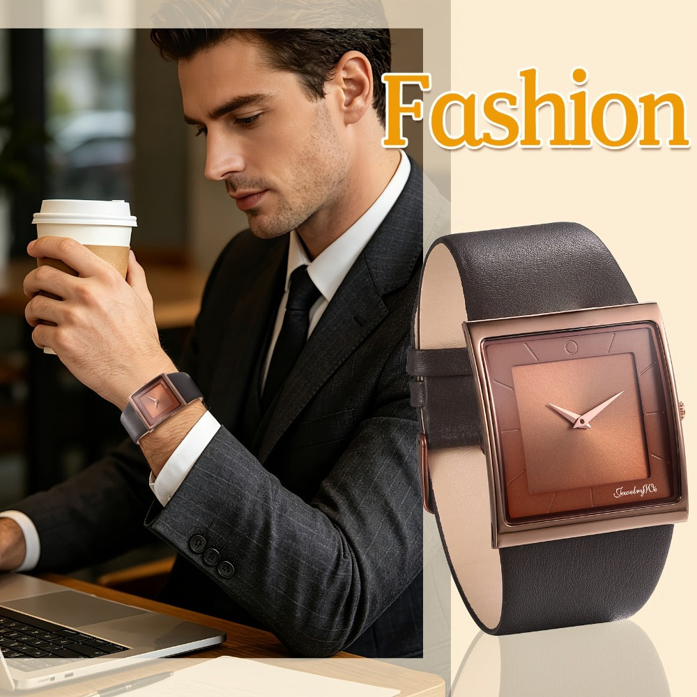 Men's Quartz Watch - Square Dial for - Genuine Leather Strap Wristwatch, Stainless Steel Case - product detail view 5