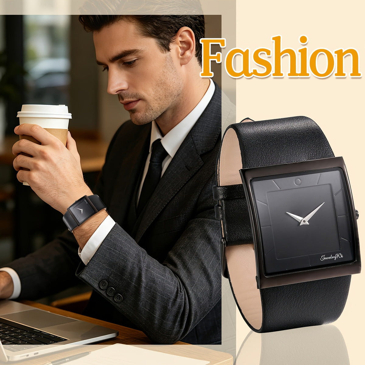 Men's Quartz Watch - Square Dial for - Genuine Leather Strap Wristwatch, Stainless Steel Case - product detail view 14