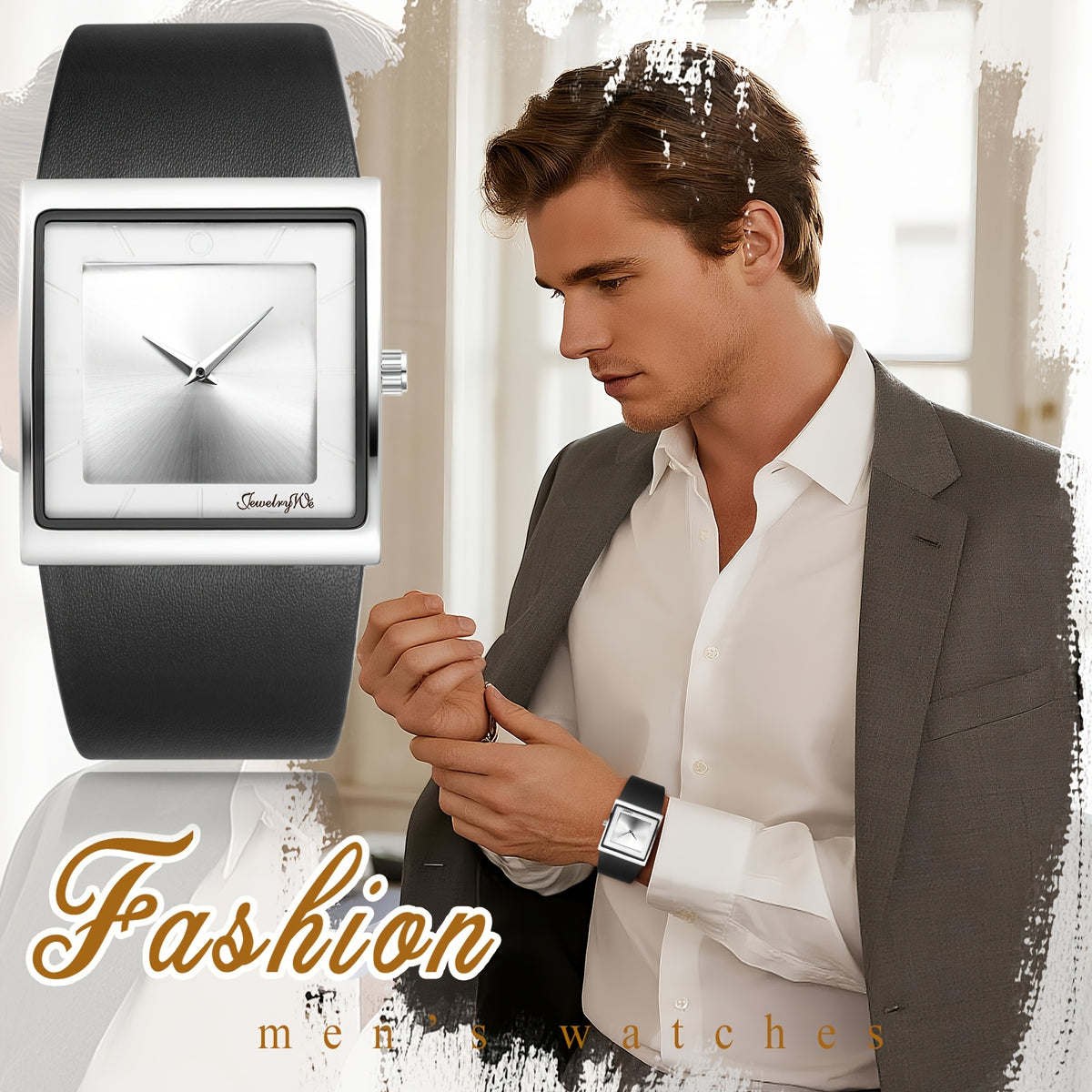 Men's Quartz Watch - Square Dial for - Genuine Leather Strap Wristwatch, Stainless Steel Case - product detail view 16