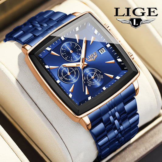 Men's Quartz Watch - Square for LIGE Analog Wristwatch with Calendar Display, Stainless Steel - main product view