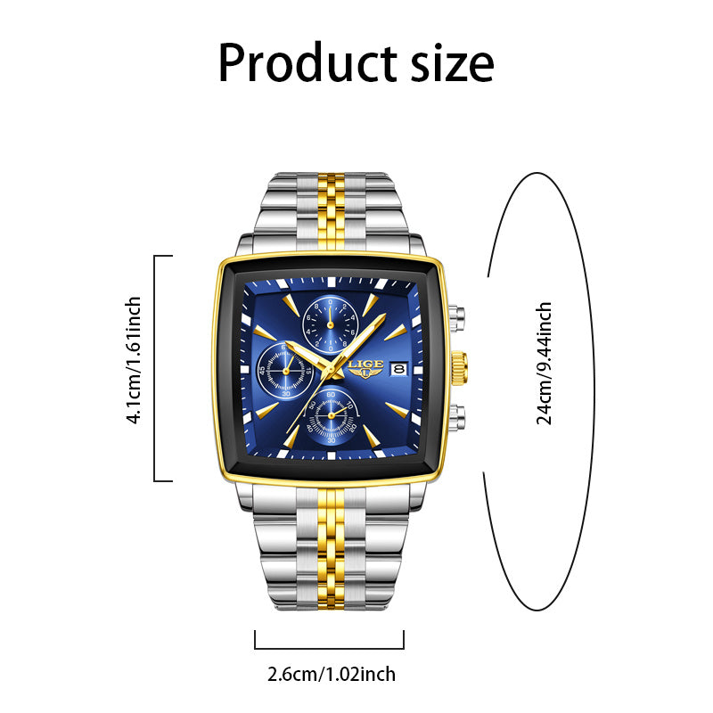Men's Quartz Watch - Square for LIGE Analog Wristwatch with Calendar Display, Stainless Steel - product detail view 2
