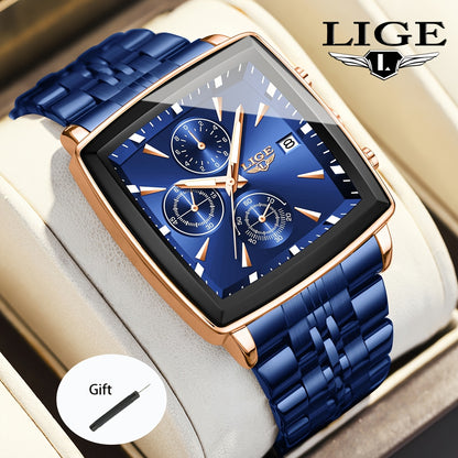 Men's Quartz Watch - Square for LIGE Analog Wristwatch with Calendar Display, Stainless Steel - product detail view 4
