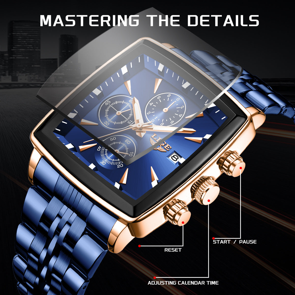 Men's Quartz Watch - Square for LIGE Analog Wristwatch with Calendar Display, Stainless Steel - product detail view 5