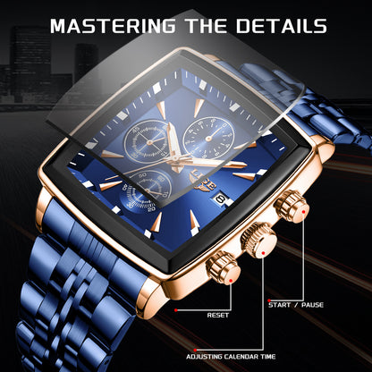 Men's Quartz Watch - Square for LIGE Analog Wristwatch with Calendar Display, Stainless Steel - product detail view 5