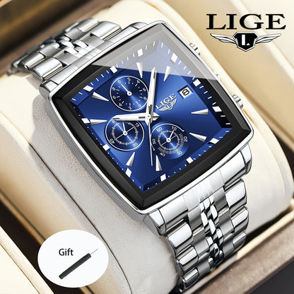 Men's Quartz Watch - Square for LIGE Analog Wristwatch with Calendar Display, Stainless Steel - product detail view 6