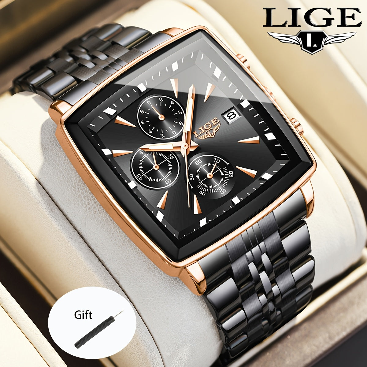 Men's Quartz Watch - Square for LIGE Analog Wristwatch with Calendar Display, Stainless Steel - product detail view 7
