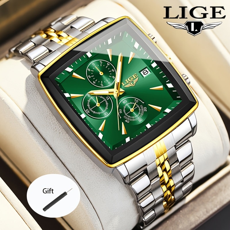 Men's Quartz Watch - Square for LIGE Analog Wristwatch with Calendar Display, Stainless Steel - product detail view 10