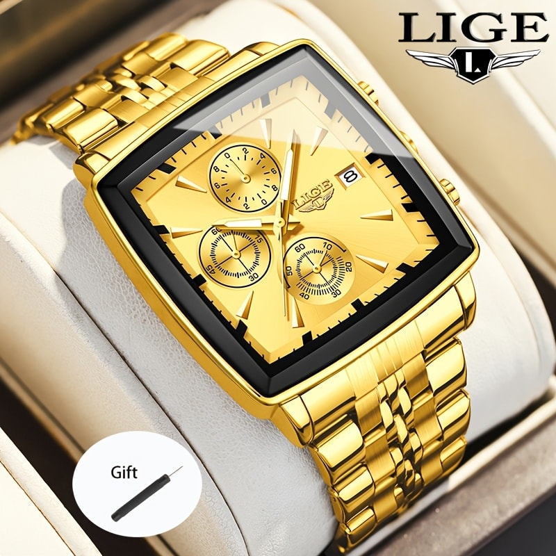 Men's Quartz Watch - Square for LIGE Analog Wristwatch with Calendar Display, Stainless Steel - product detail view 11