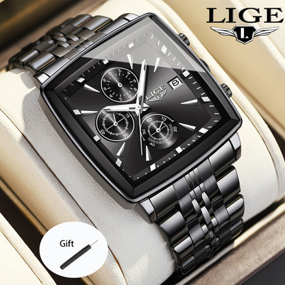Men's Quartz Watch - Square for LIGE Analog Wristwatch with Calendar Display, Stainless Steel - product detail view 12
