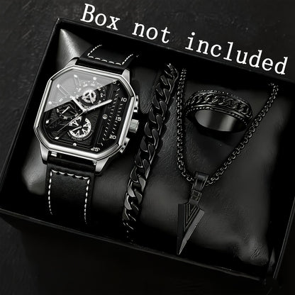 Men's Quartz Watch - Square for Vintage Faux Leather Strap Analog Wristwatch Polygon Dial - product detail view 5