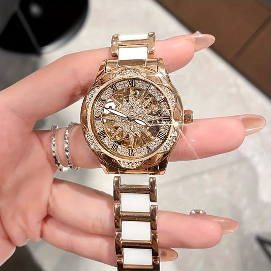 Women's Quartz Watch - Sunflower Rose Gold Ceramic Stainless Steel Two-Tone Band Waterproof - main product view