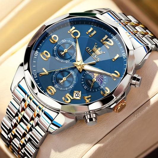 Men's Quartz Watch - Two-Tone Dress for OLEVS Classic Stainless Steel Chronograph, Moon Phase - main product view