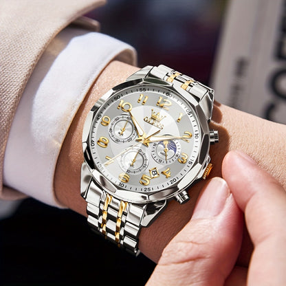 Men's Quartz Watch - Two-Tone Dress for OLEVS Classic Stainless Steel Chronograph, Moon Phase - product detail view 3