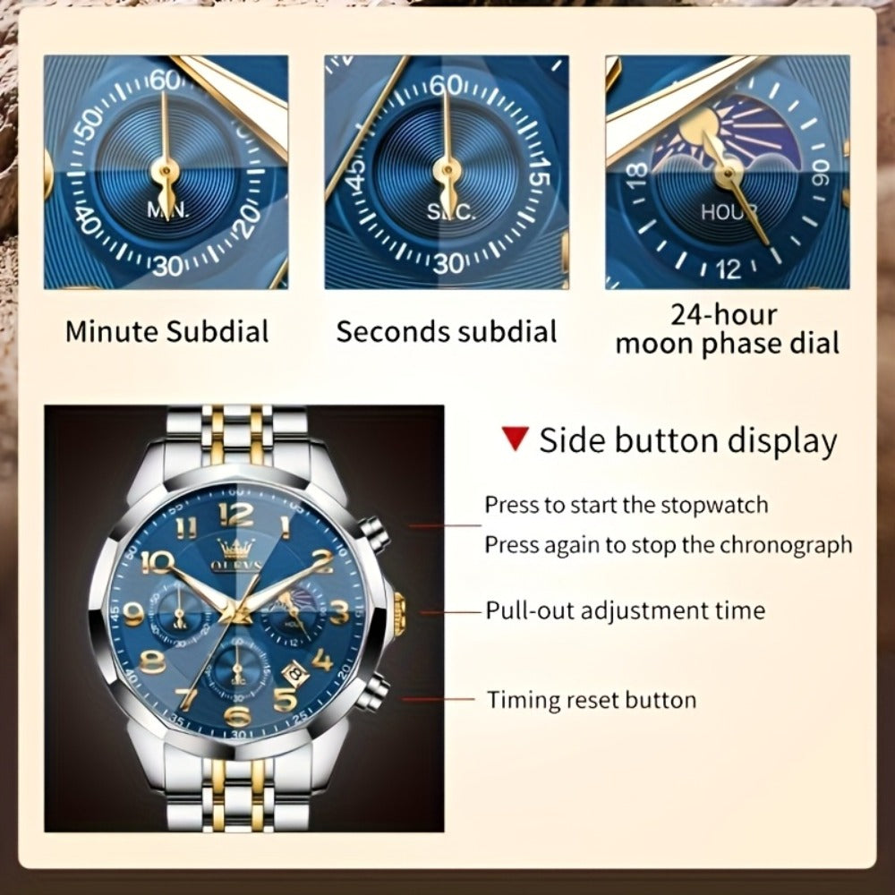 Men's Quartz Watch - Two-Tone Dress for OLEVS Classic Stainless Steel Chronograph, Moon Phase - product detail view 7