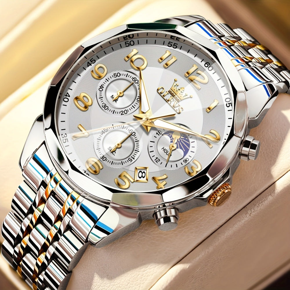 Men's Quartz Watch - Two-Tone Dress for OLEVS Classic Stainless Steel Chronograph, Moon Phase - product detail view 8