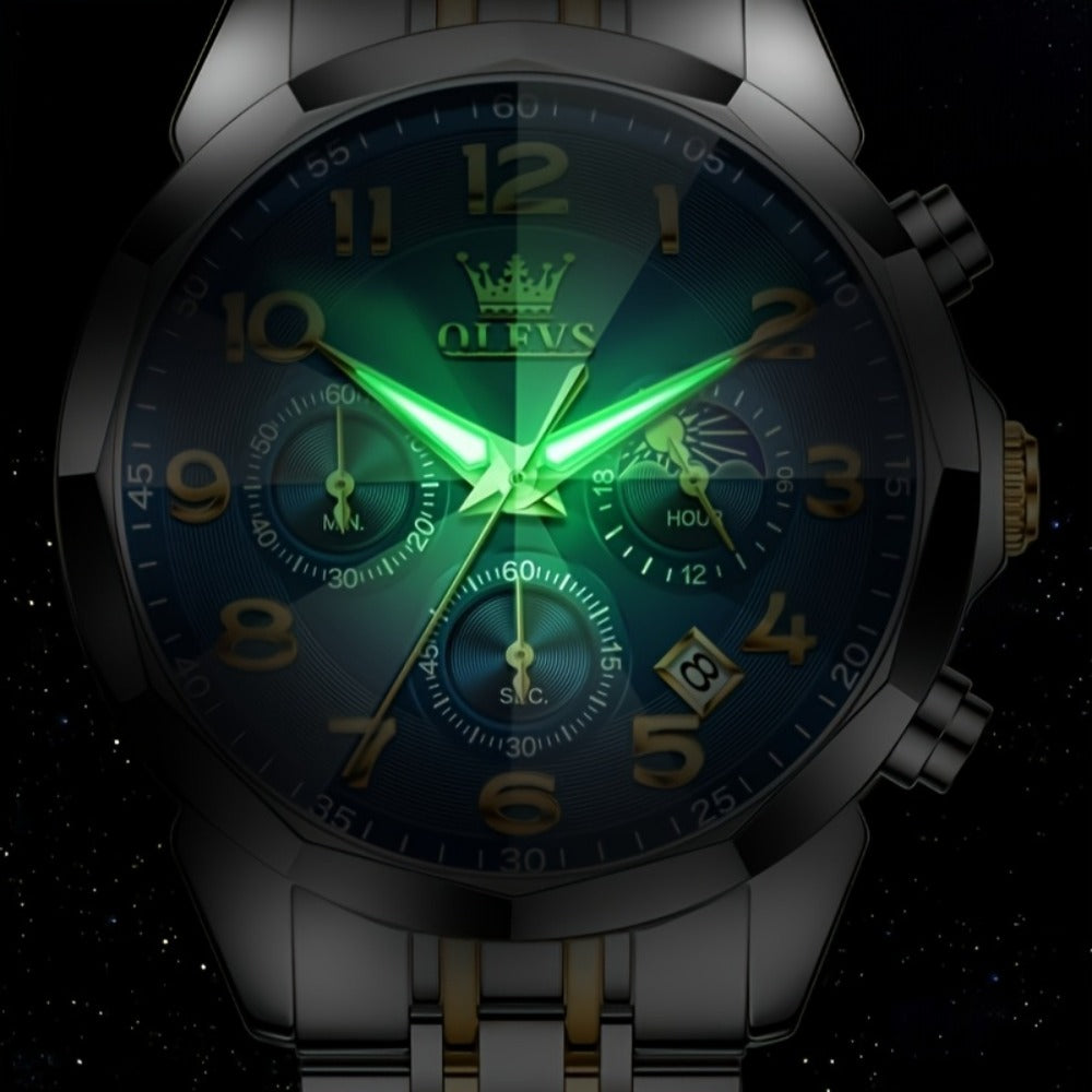 Men's Quartz Watch - Two-Tone Dress for OLEVS Classic Stainless Steel Chronograph, Moon Phase - product detail view 9