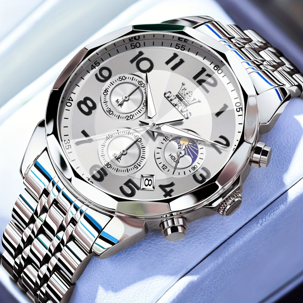 Men's Quartz Watch - Two-Tone Dress for OLEVS Classic Stainless Steel Chronograph, Moon Phase - product detail view 10
