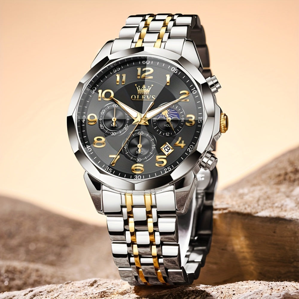 Men's Quartz Watch - Two-Tone Dress for OLEVS Classic Stainless Steel Chronograph, Moon Phase - product detail view 13