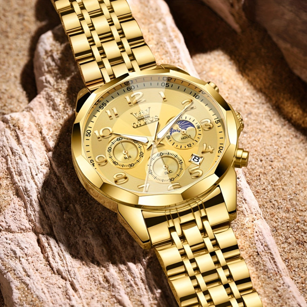 Men's Quartz Watch - Two-Tone Dress for OLEVS Classic Stainless Steel Chronograph, Moon Phase - product detail view 14
