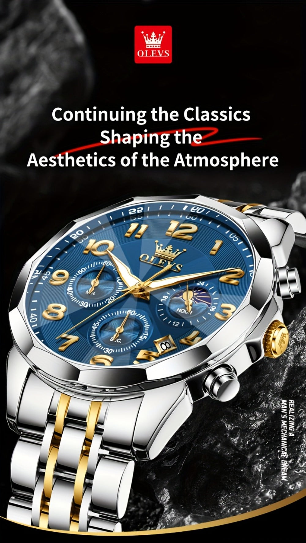 Men's Quartz Watch - Two-Tone Dress for OLEVS Classic Stainless Steel Chronograph, Moon Phase - product detail view 16