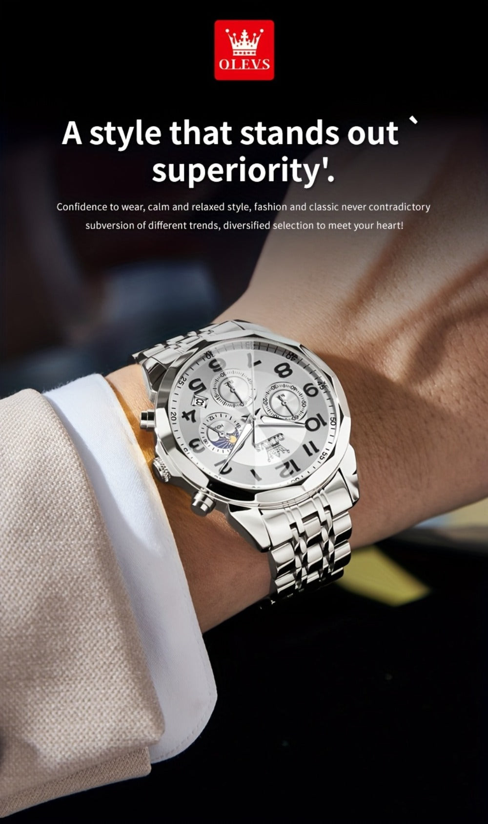 Men's Quartz Watch - Two-Tone Dress for OLEVS Classic Stainless Steel Chronograph, Moon Phase - product detail view 19
