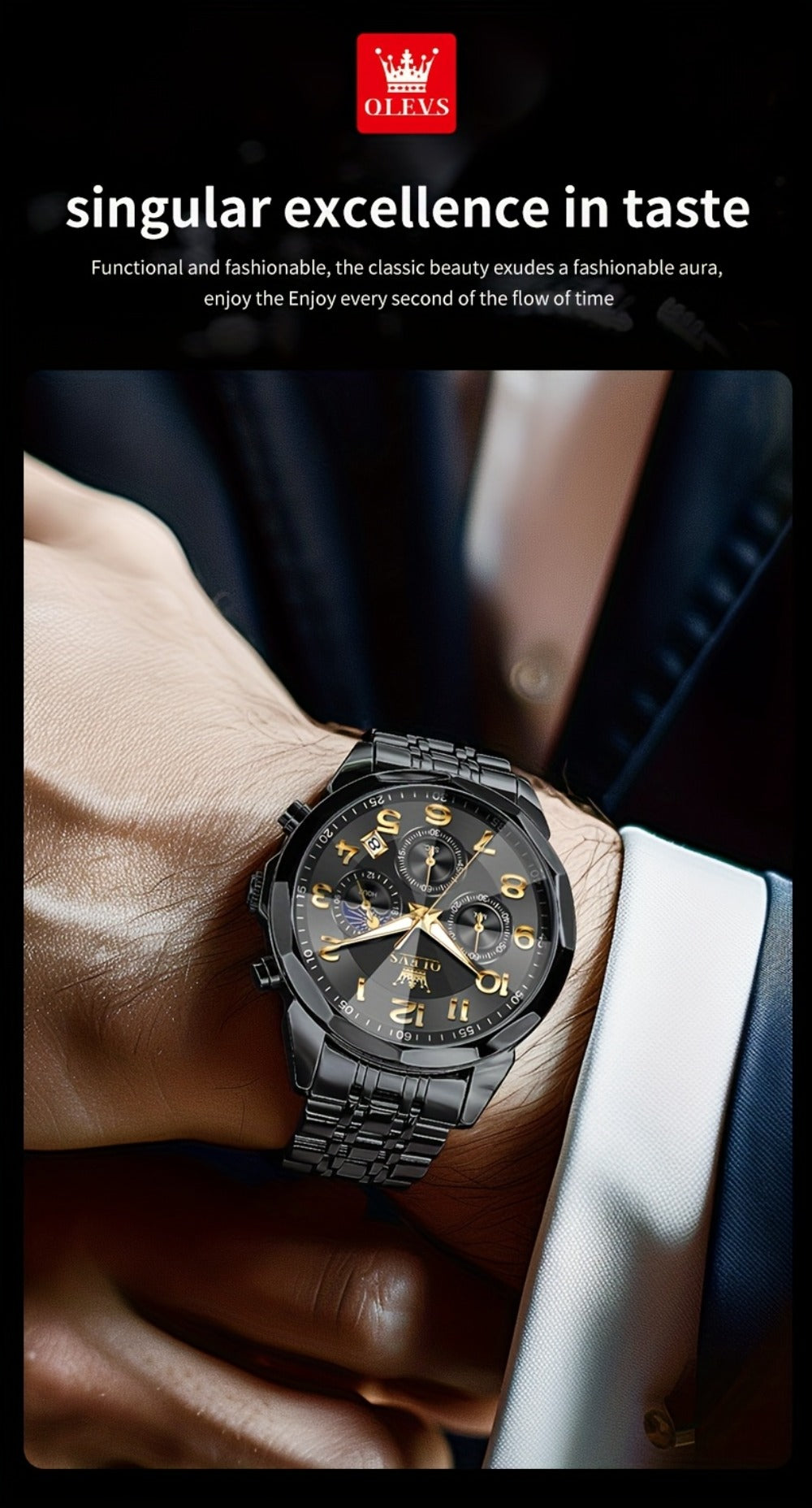 Men's Quartz Watch - Two-Tone Dress for OLEVS Classic Stainless Steel Chronograph, Moon Phase - product detail view 20