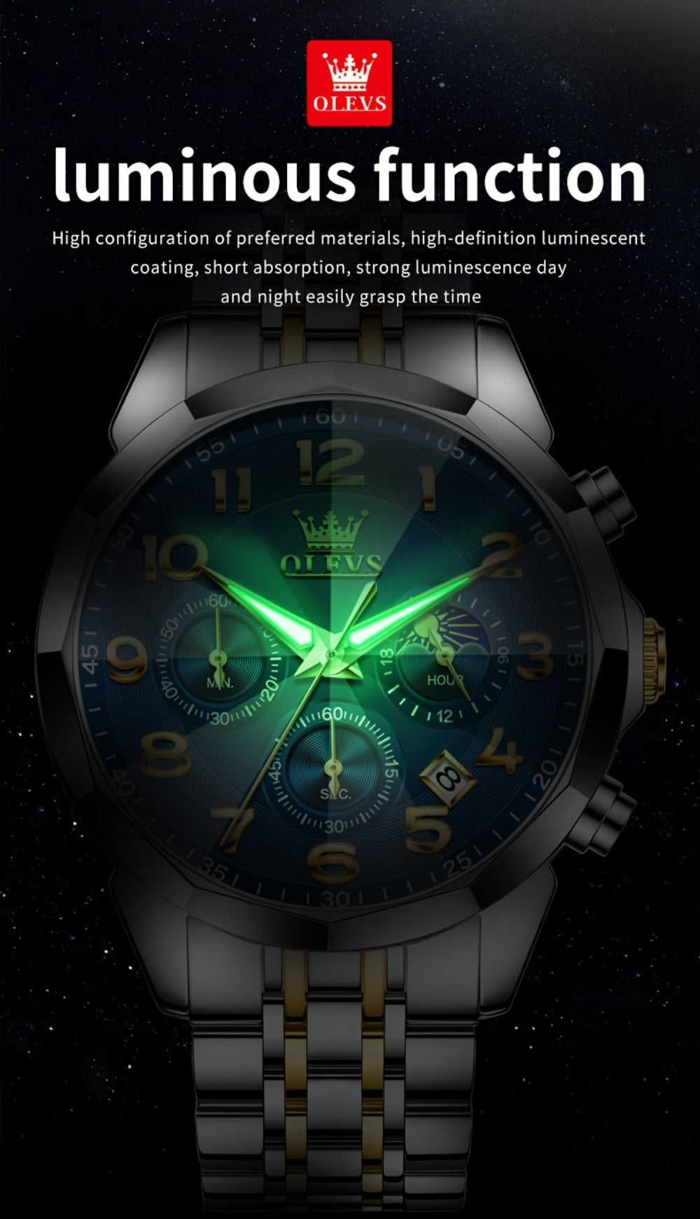 Men's Quartz Watch - Two-Tone Dress for OLEVS Classic Stainless Steel Chronograph, Moon Phase - product detail view 21