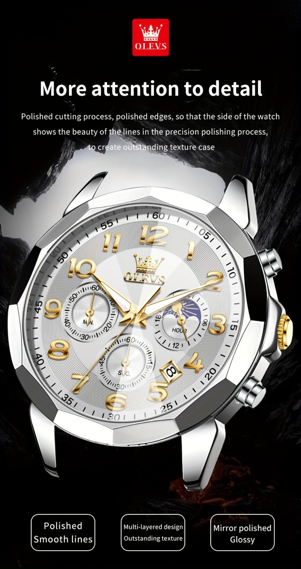 Men's Quartz Watch - Two-Tone Dress for OLEVS Classic Stainless Steel Chronograph, Moon Phase - product detail view 22