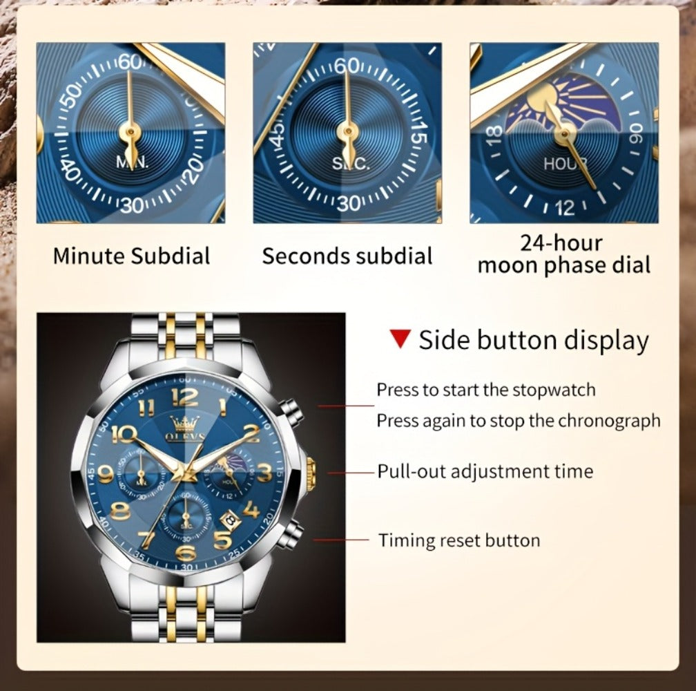 Men's Quartz Watch - Two-Tone Dress for OLEVS Classic Stainless Steel Chronograph, Moon Phase - product detail view 23