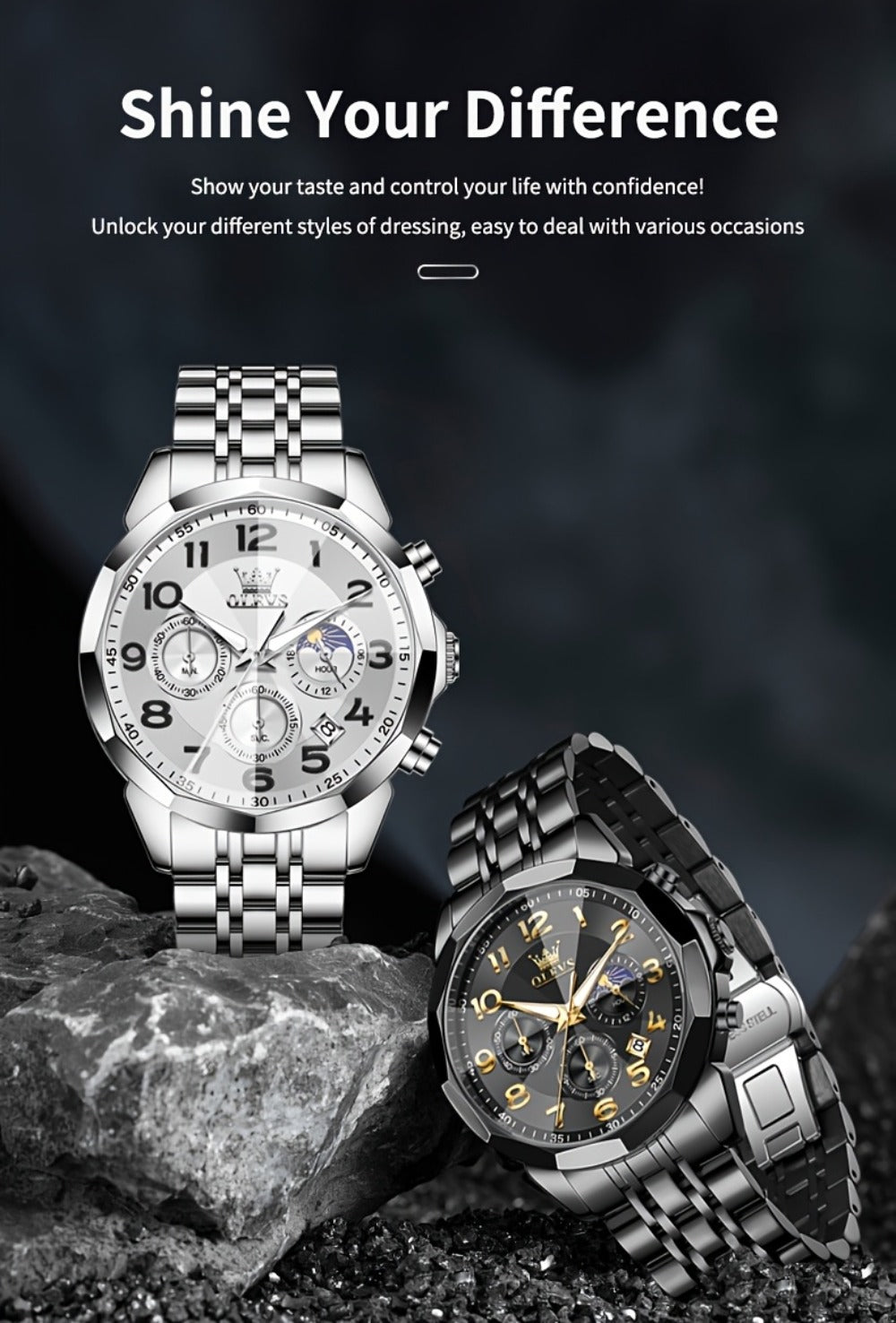 Men's Quartz Watch - Two-Tone Dress for OLEVS Classic Stainless Steel Chronograph, Moon Phase - product detail view 24