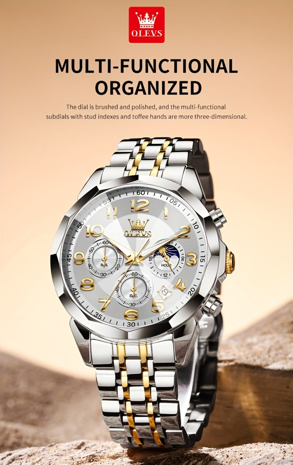 Men's Quartz Watch - Two-Tone Dress for OLEVS Classic Stainless Steel Chronograph, Moon Phase - product detail view 25