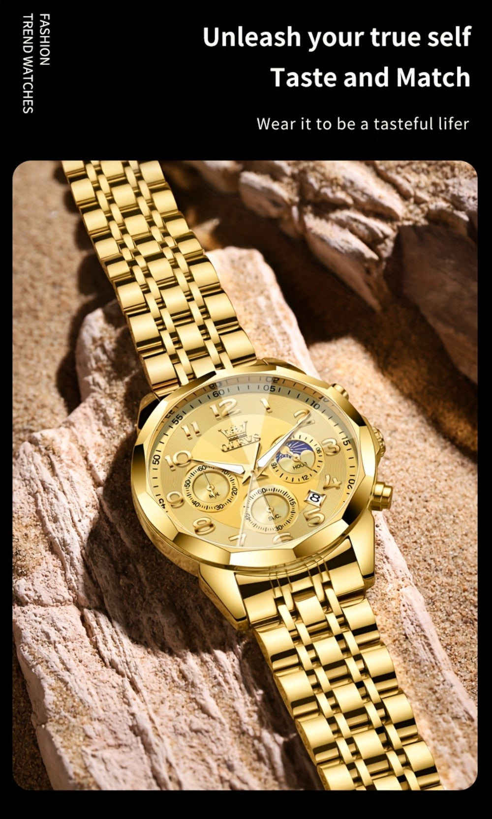 Men's Quartz Watch - Two-Tone Dress for OLEVS Classic Stainless Steel Chronograph, Moon Phase - product detail view 26