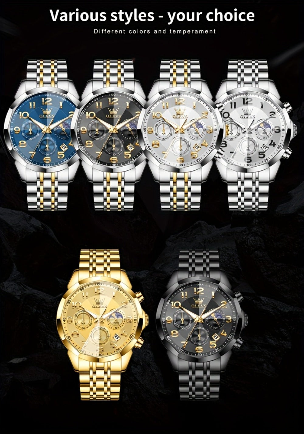 Men's Quartz Watch - Two-Tone Dress for OLEVS Classic Stainless Steel Chronograph, Moon Phase - product detail view 27
