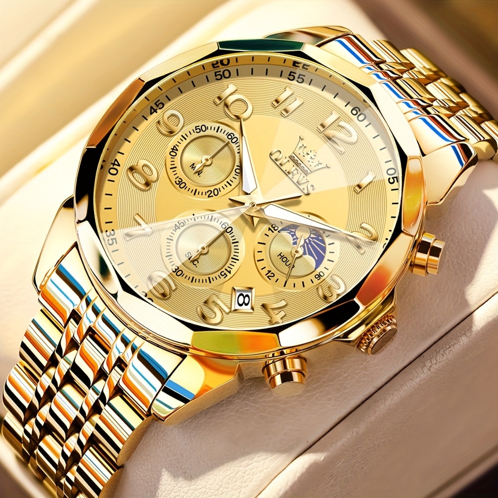 Men's Quartz Watch - Two-Tone Dress for OLEVS Classic Stainless Steel Chronograph, Moon Phase - product detail view 31