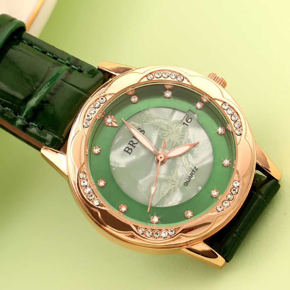 Women's Quartz Watch - Vintage Leather Round Wristwatch Calfskin Strap Zinc Alloy Case Analog - product detail view 9