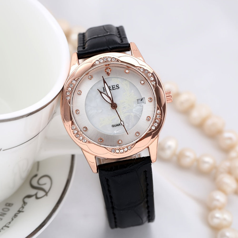Women's Quartz Watch - Vintage Leather Round Wristwatch Calfskin Strap Zinc Alloy Case Analog - product detail view 11