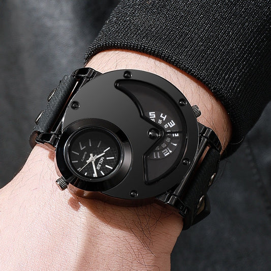 Men's Quartz Watch - Vintage 's Big Dial Dual Time Zone PU Leather Strap Business Analog - main product view