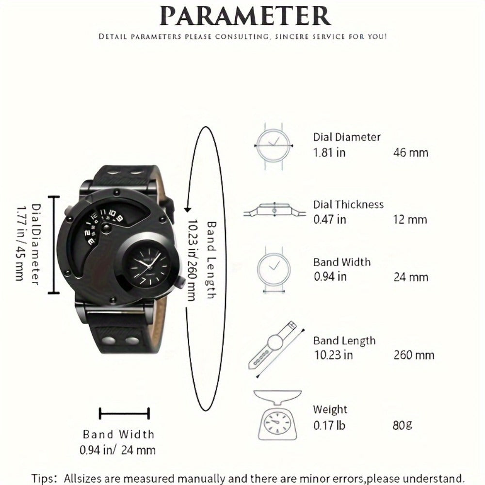 Men's Quartz Watch - Vintage 's Big Dial Dual Time Zone PU Leather Strap Business Analog - product detail view 2
